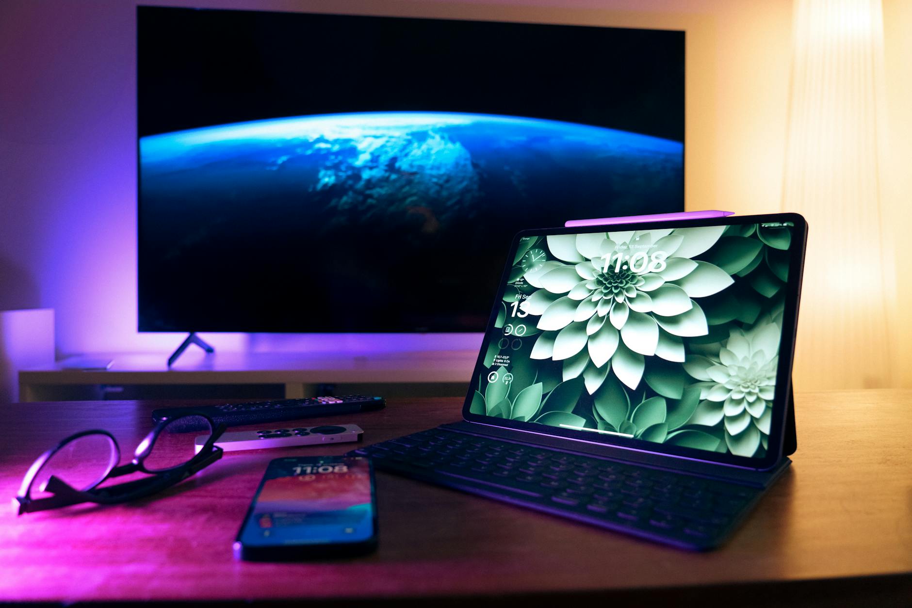 modern home office tech setup with gadgets